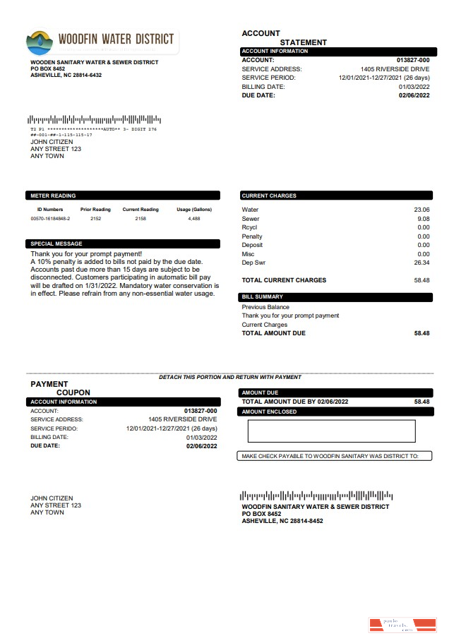 USA North Carolina Woodfin Sanitary Water & Sewer District utility bill template in Word and PDF format